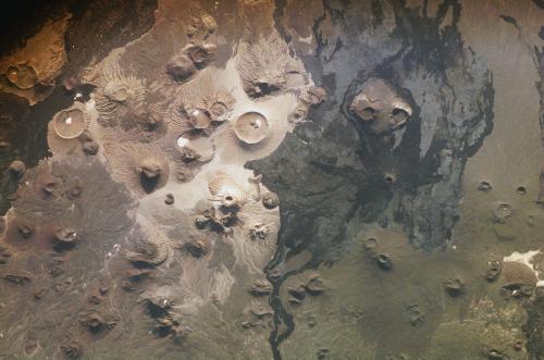 Kingdom of Saudi Arabia: Volcanic field and lava field in Harrat Khaybar seen on March 31, 2008 from the International Space Station.