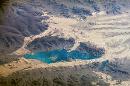 Valley of Lakes, Mongolia: Tobhata Mountains, Har Nuur , Baga Nuur , and sand dunes photographed on September 7, 2006 from the International Space Station.