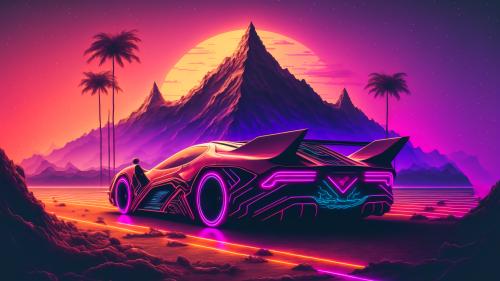 Experience the Future of Speed with a 4K Retrowave Mountain Sunset Landscape Wallpaper