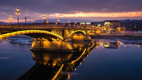 Hungary Budapest River Sunset Bridge Lighting Wallpaper