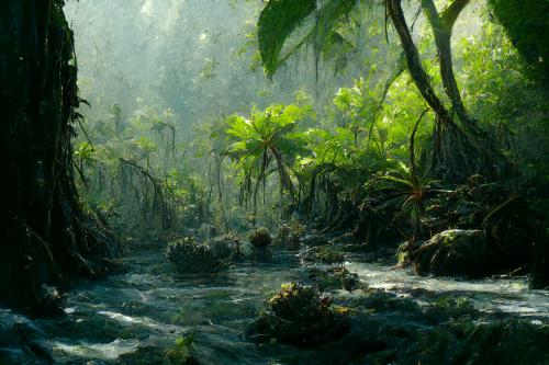 Jungle with a little stream, generated by AI.