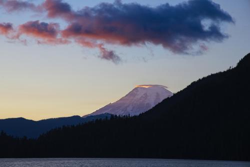 West coast sunset on Mt. Rainier from a hidden lake.