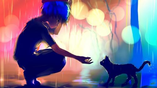 Anime boy Cat Raining