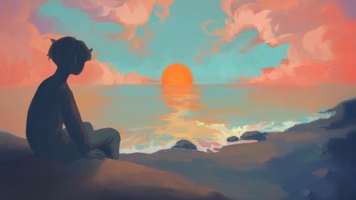 Anime Boy Sitting Watching Sunset