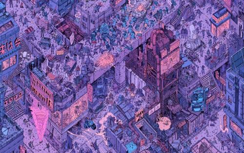 Isometric Cyberpunk Futuristic Purple Pink Violet City