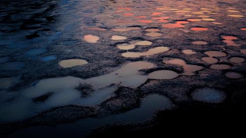 Water circles left by drying fish pond reflecting the sunset. North Sumatra, Indonesia