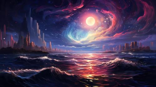 Moonlight Sea Futuristic Neon Waves