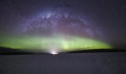 Milky Way and northern lights over Pinehouse Lake Saskatchewan