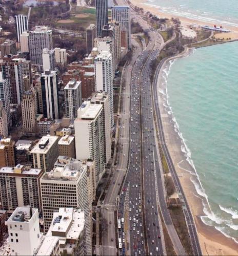 13 lanes of traffic that stand between Chicago and Lake Michigan, the 5th biggest lake in the world.