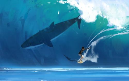 surfer surfing shark