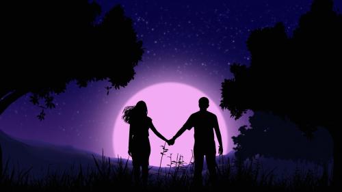 Couple holding hands under the moonlight