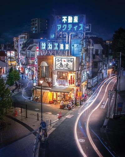 A neighborhood at night in Tokyo, Japan