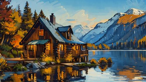 Van Gogh-style Lakeside Cabin in Autumn made with Yodayo AI