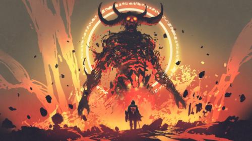 Knight with a sword facing the lava demon in hell