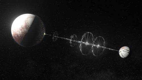 Acheron Station, a megastructure bridging Pluto and Charon, by Jeremy Jozwik