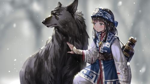 The girl and the wolf. In a winter forest