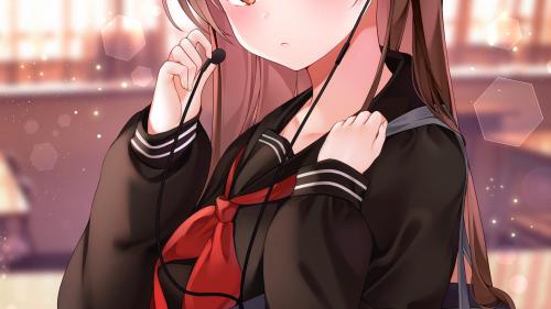 brown hair for desktop, anime school girl, earphones, school uniform