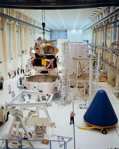 --- Lunar Module-1 being moved into position for mating with Spacecraft Lunar Module Adapter -7 in the Kennedy Space Center's Manned Spacecraft Operations Building in preparation for Apollo 5