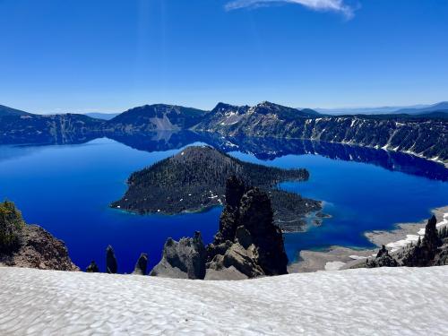 Wizard Island in Crater Lake, Oregon, United States.