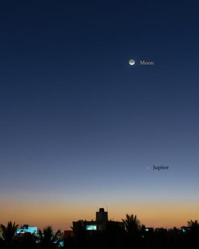 Crescent moon and Jupiter shot right after sunset. Location: Bangalore, India