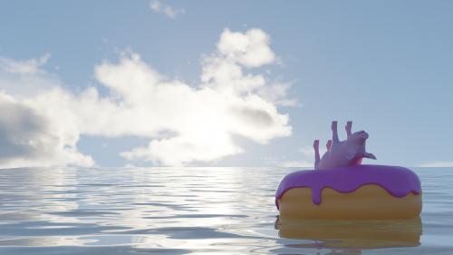 Pig riding a donut in the middle of the ocean.