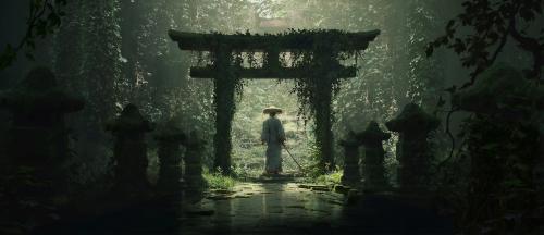 Samurai in front of an ancient Torii gate