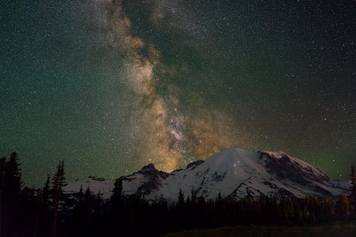 Summertime with clear skies and Tahoma, Washington State, USA. Zoom into the milky way core to see some great detail