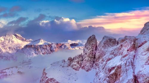 The dolomiti mountains in Italy at sunrise. Aerial shot