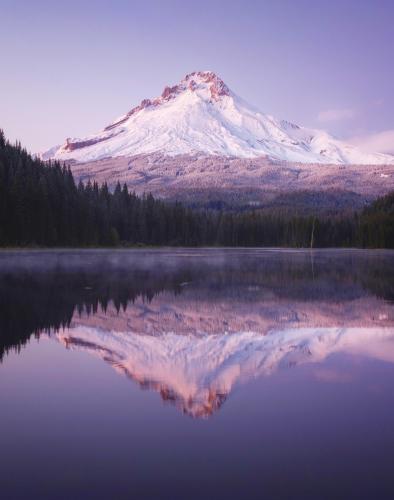 A thin layer of fog danced around the reflection of the icy giant | OC | Trillium Lake, Mt. Hood, OR |