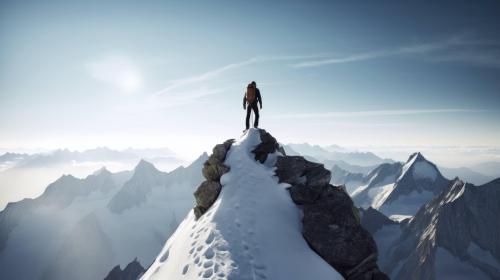 an inspirational desktop wallpaper featuring a mountain climber reaching the summit of a snow-covered peak