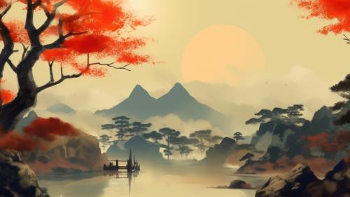 Trees Mountains Japanese Painting AI Generated