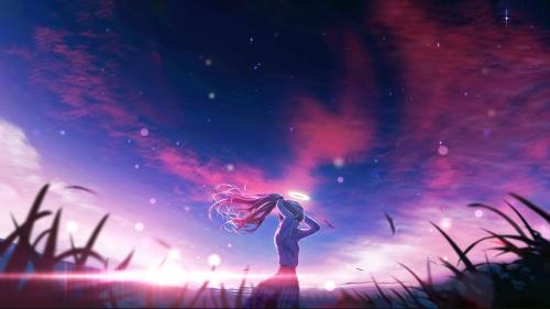 School girl walking through the fields during cosmic flares