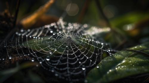 This desktop wallpaper showcases a macro shot of a spiderweb covered in morning dew