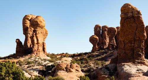 Sharp morning light on some sculptured formations - Arches N.P., UT