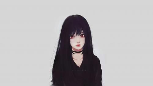 realistic anime girl for desktop, black hair, red eyes