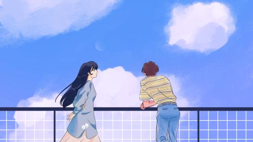 Simple anime girl and boy looking at a cloudy blue sky | Customizable wallpaper