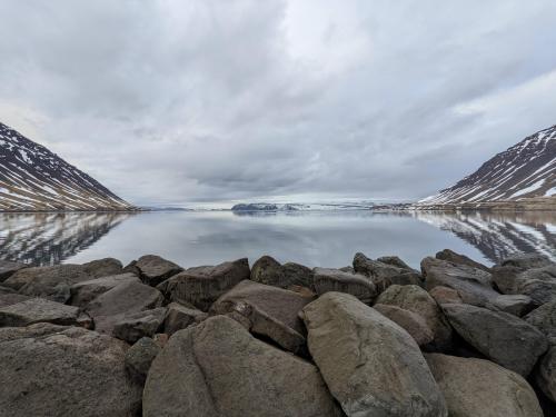 Looking out of Skutulsfjörður from the town of Ísafjörður in Iceland,