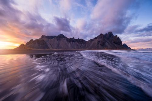 Sunset on Stokksnes peninsula in Iceland with the Vestrahorn mountain view