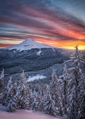 A beautiful sunrise after a fresh coat of snow overnight at Mt. Hood, Oregon.