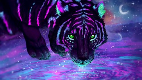 tiger wallpapers, purple, digital art, green eyes