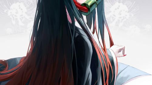 kamado nezuko for desktop, cute, long hair, black dress, kimetsu no yaiba