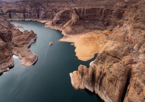 Empty sand beach at Lake Powell, USA from a paramotor