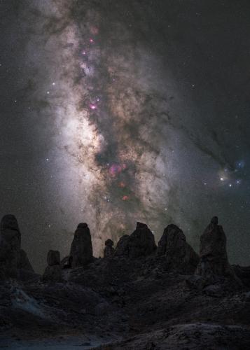 Our Milky Way Galaxy over the the chicken finger rocks of Trona Pinnacles, CA