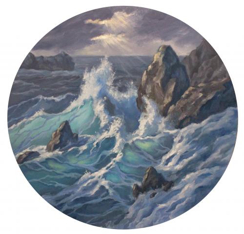 My oil painting. Storm near the rocky shore. Oil on hardboard. 2021.