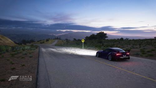 Toyota Supra in a Forza Horizon 5 sunrise