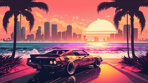 Car in Miami retro wave style