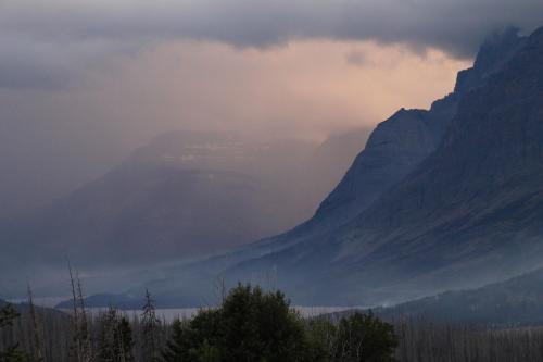 Glacier National Park during a forest fire from a safe distance