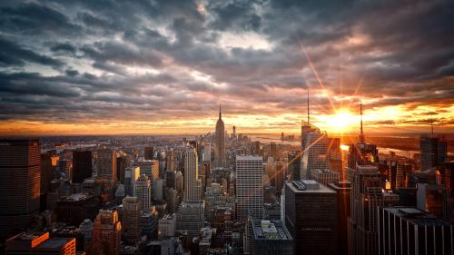 new york wallpapers, sunset, dark clouds, buildings, cityscape