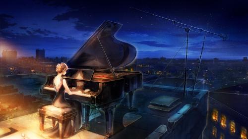 Lady in black dress playing a grand piano on a rooftop at night