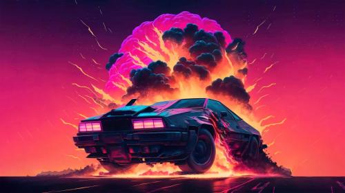 Burning Sports-car. Neon explosion